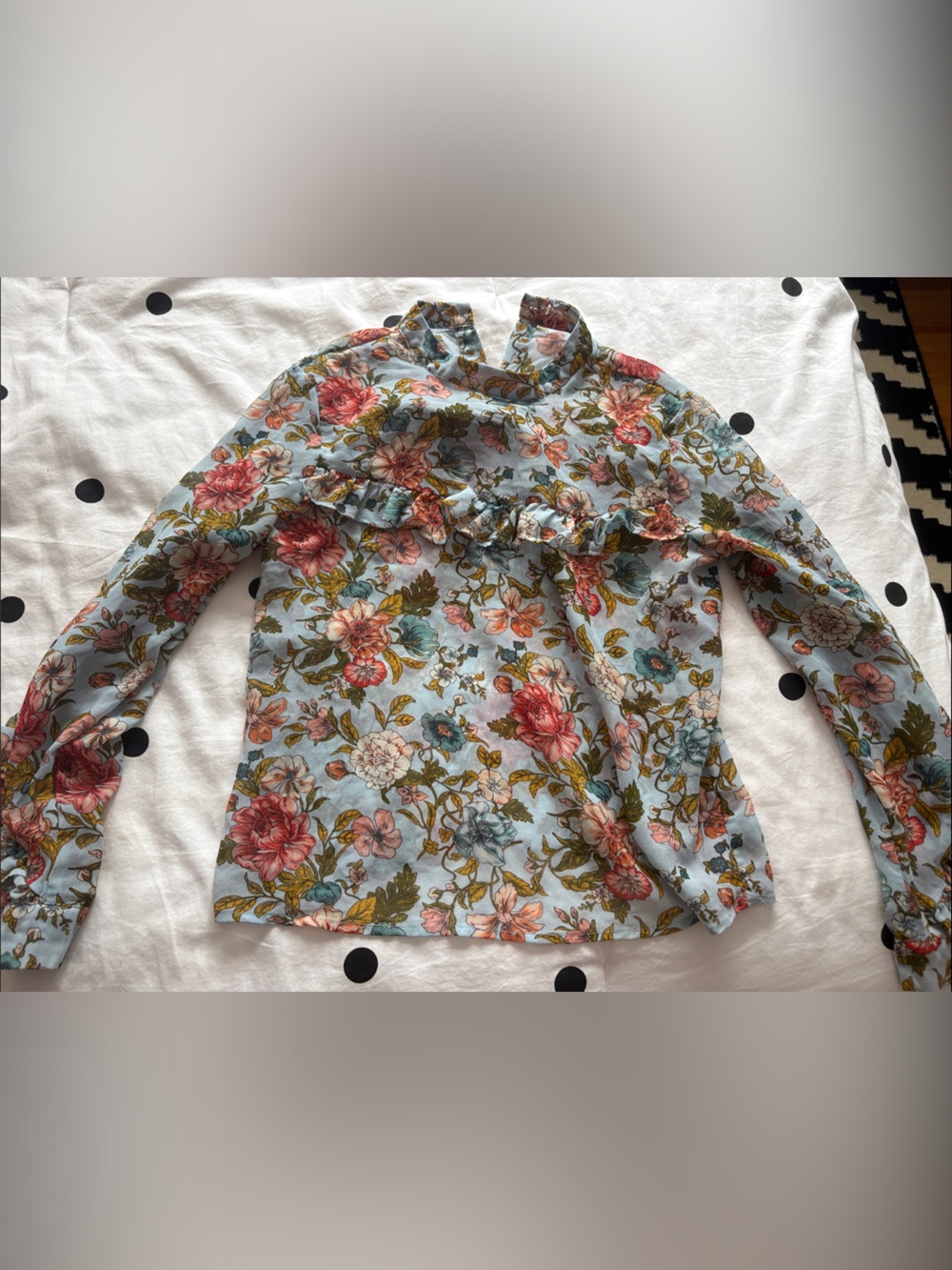 Floral Ruffle Collar Blouse - Blue Background with Pink & Green Flowers